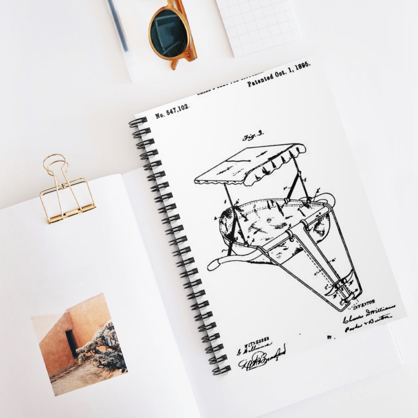 Patent drawing - 1895 Child's bike seat patent Public domain  image Spiral Bound Ruled Notebook with Printed Cover