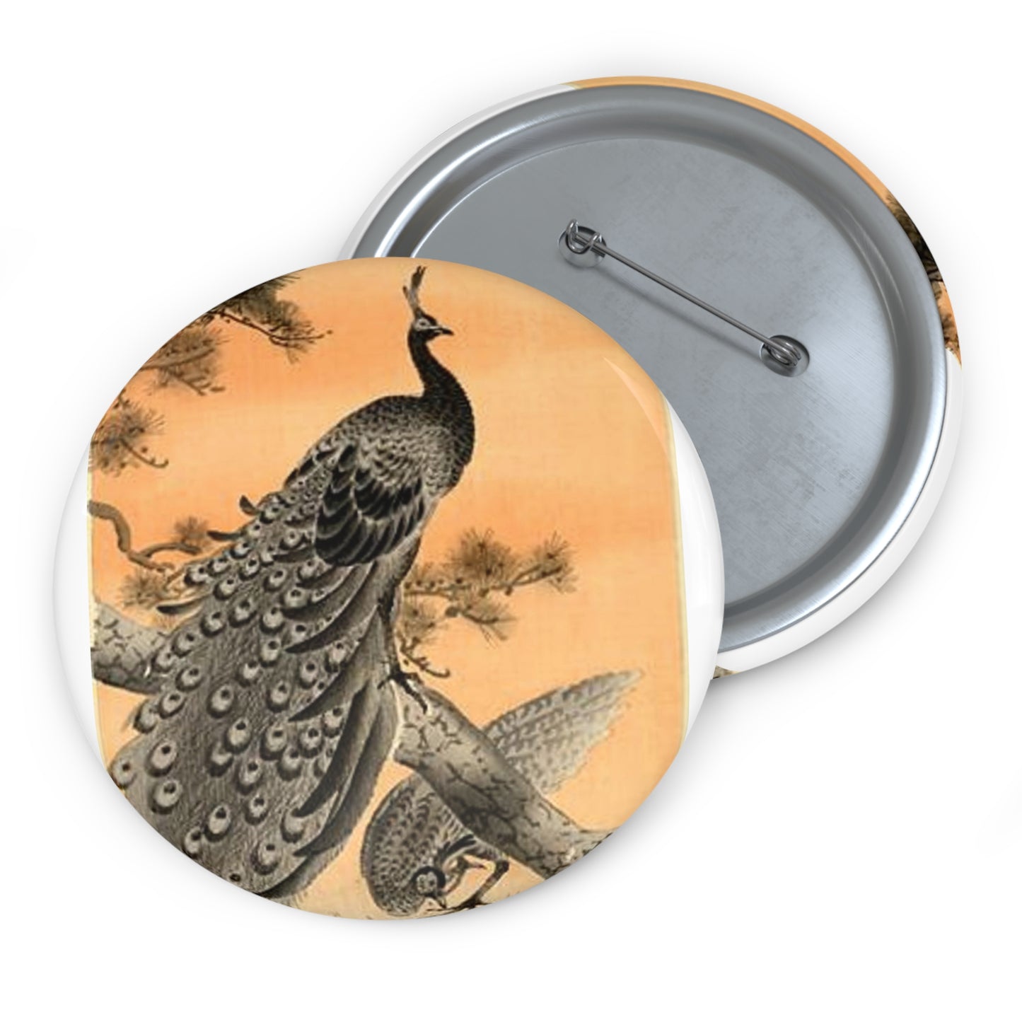 Koson - peacock-and-hen, Ohara Koson Pin Buttons with Crisp Design