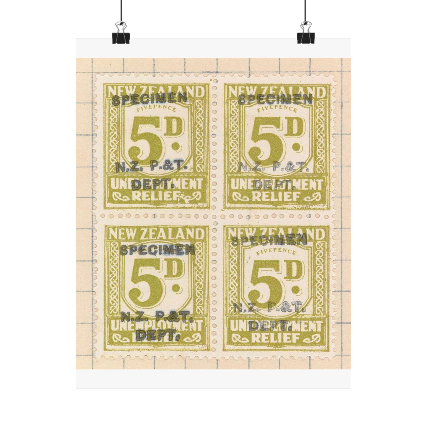 Block of five penny Unemployment Relief stamps overprinted 'Specimen' High Quality Matte Wall Art Poster for Home, Office, Classroom