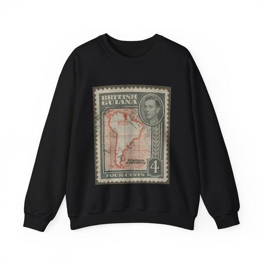 Frimärke ur Gösta Bodmans filatelistiska motivsamling, påbörjad 1950.Frimärke från Brittiska Guiana, 1938. Motiv av Sydamerikas karta med Brittiska Guiana. Black Heavy Blend Adult Crew Neck SweatShirt