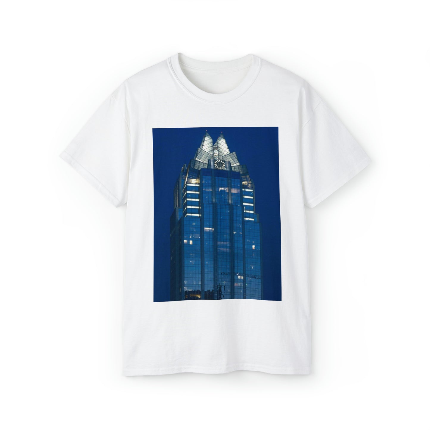 The upper reaches of Frost Bank Tower, a prominent Austin, Texas, skyscraper White T-Shirt Gildan 2000 Cotton Unisex