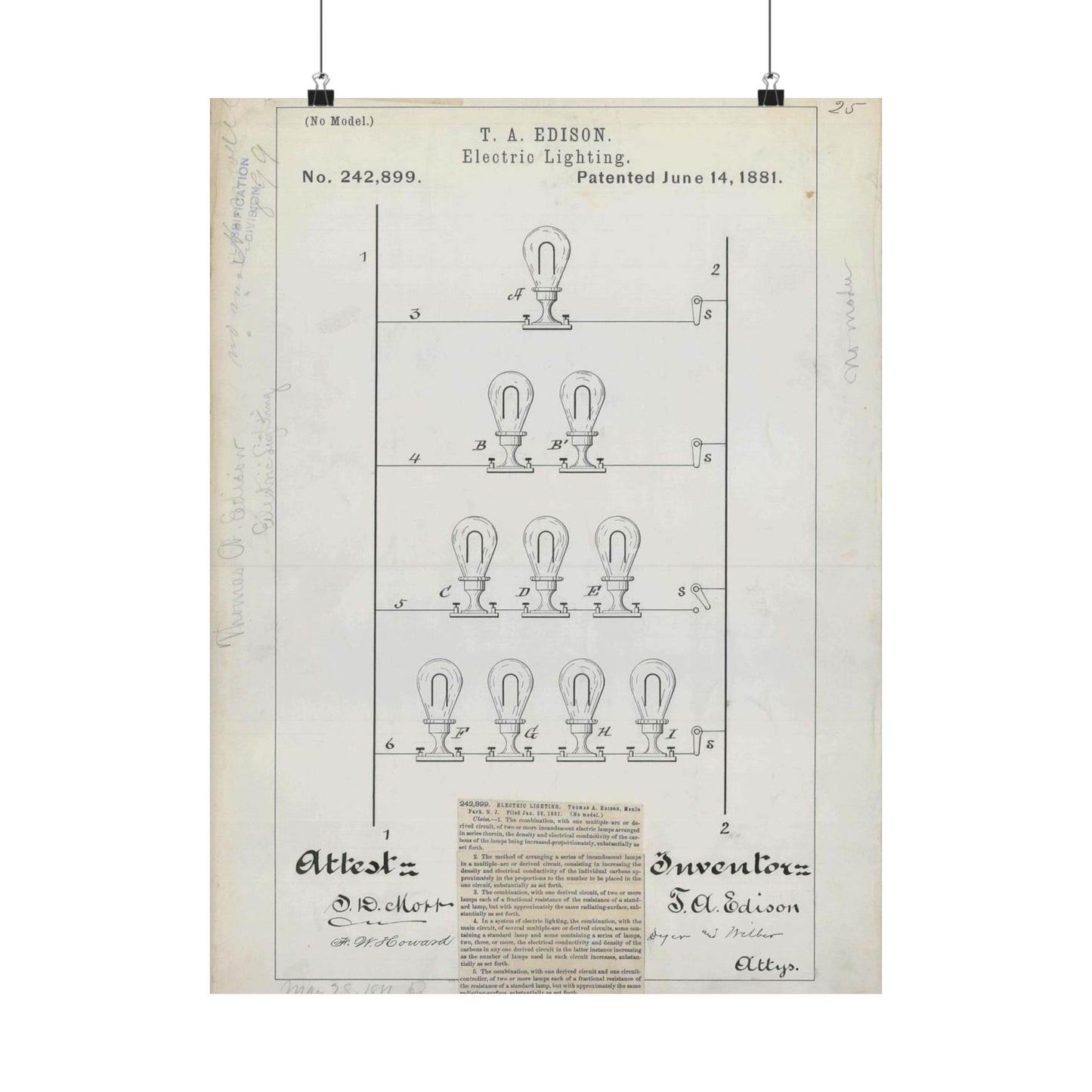 Patent drawing - for T. A. Edison's Electric Lighting Public domain  image High Quality Matte Wall Art Poster for Home, Office, Classroom