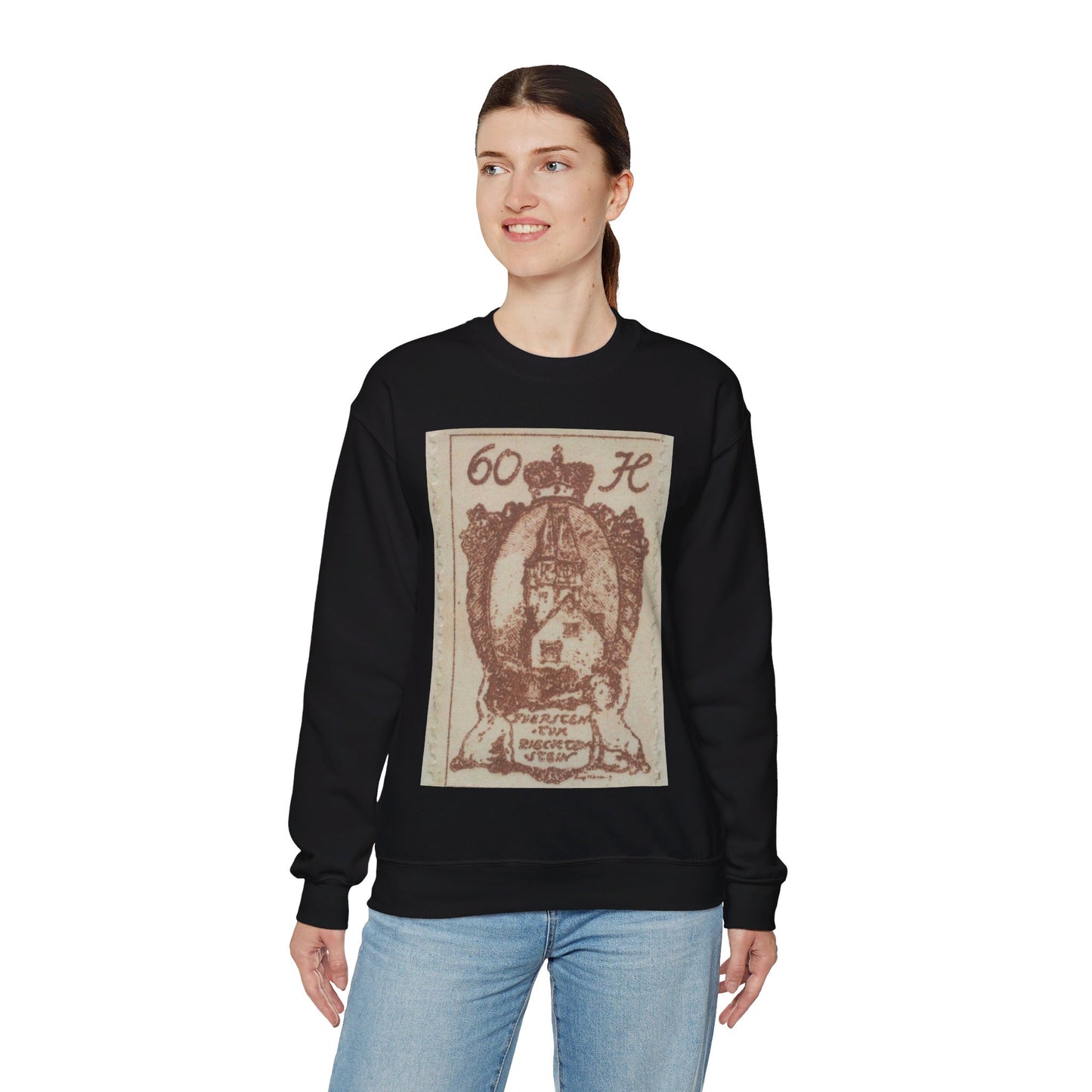 Frimärke ur Gösta Bodmans filatelistiska motivsamling, påbörjad 1950.Frimärke från Liechtenstein, 1920. Motiv av Röda Tornet i Vaduz. Black Heavy Blend Adult Crew Neck SweatShirt