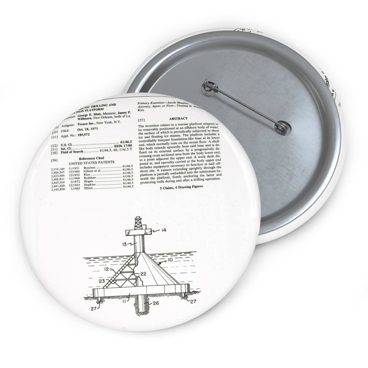 Patent Case File No. 3,793,840, Mobile Arctic Drilling and Production Platform, Inventor(s)- George E. Mott and James P. Wilbourn. - DPLA - 8f260bf2cd8926afbf4da017454f39b3 (page 6) Pin Buttons with Crisp Design