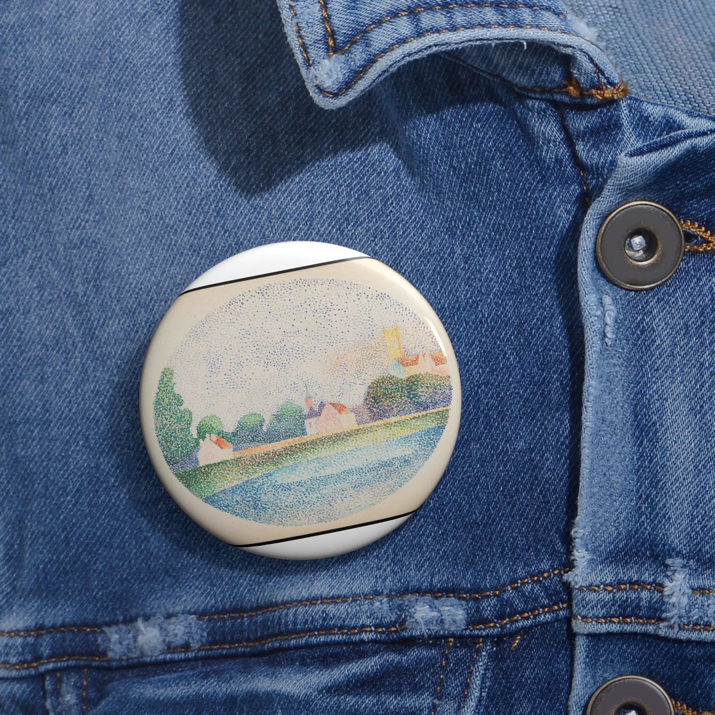 Morning on the Marne at Meaux - Drawing. Public domain image. Pin Buttons with Crisp Design