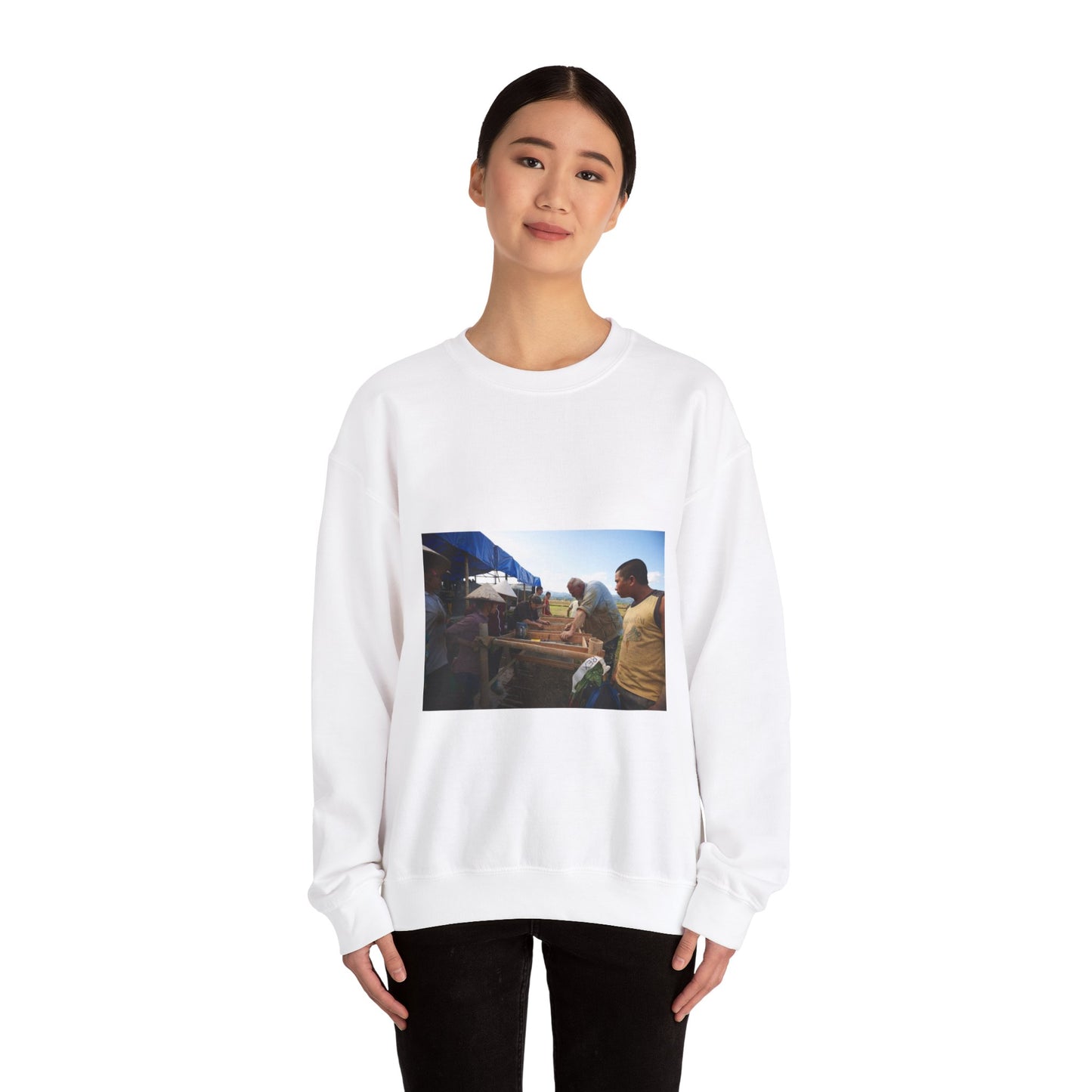 Local workers gather around Dr. Kimberly Maeyama, Defense White Heavy Blend Adult Crew Neck SweatShirt