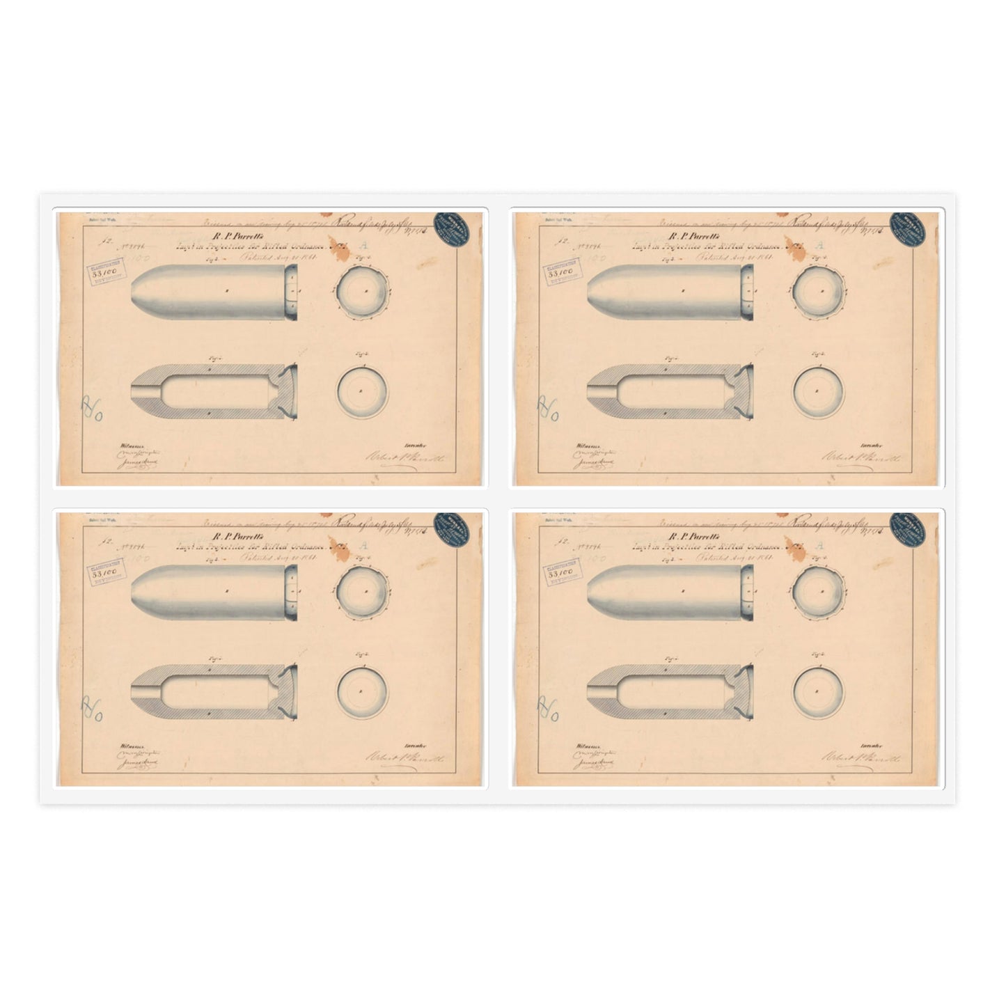 Patent drawing - Drawing of Improvement in Projectiles for Rifled Ordnance Public domain  image Laminated UV Protective Vinyl Stickers