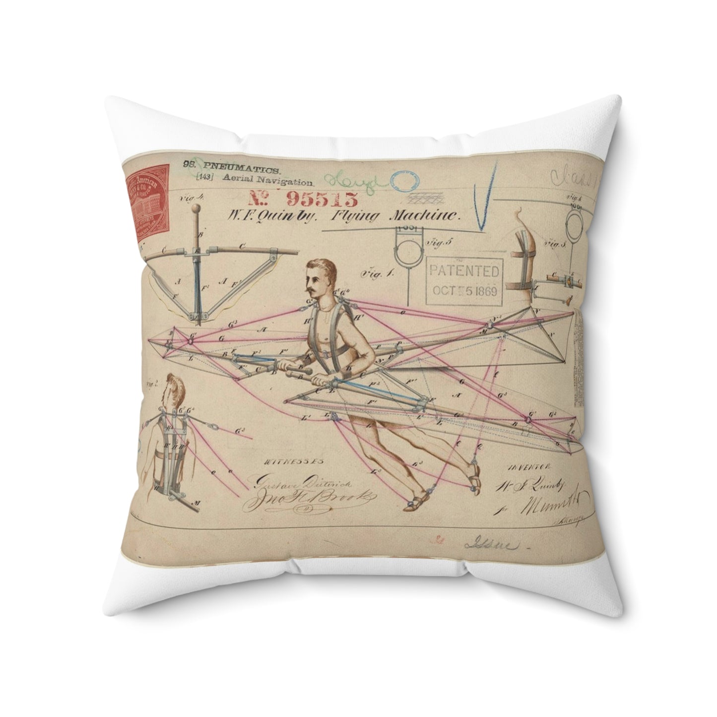 Patent drawing - for a Flying Machine Public domain  image Decorative Accent Square Pillow