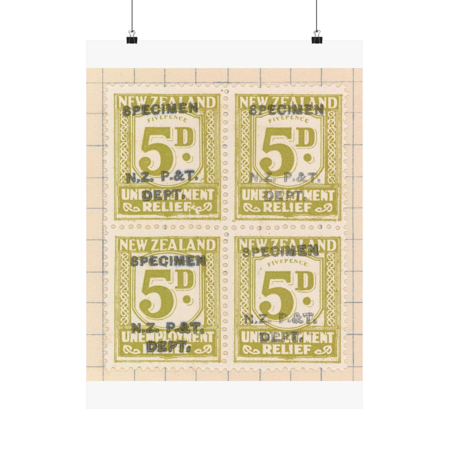 Block of five penny Unemployment Relief stamps overprinted 'Specimen' High Quality Matte Wall Art Poster for Home, Office, Classroom