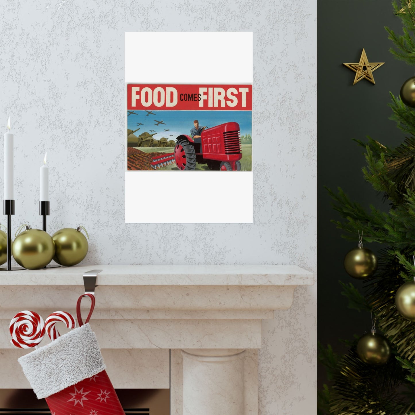 FOOD Comes FIRST - Public domain propaganda poster High Quality Matte Wall Art Poster for Home, Office, Classroom