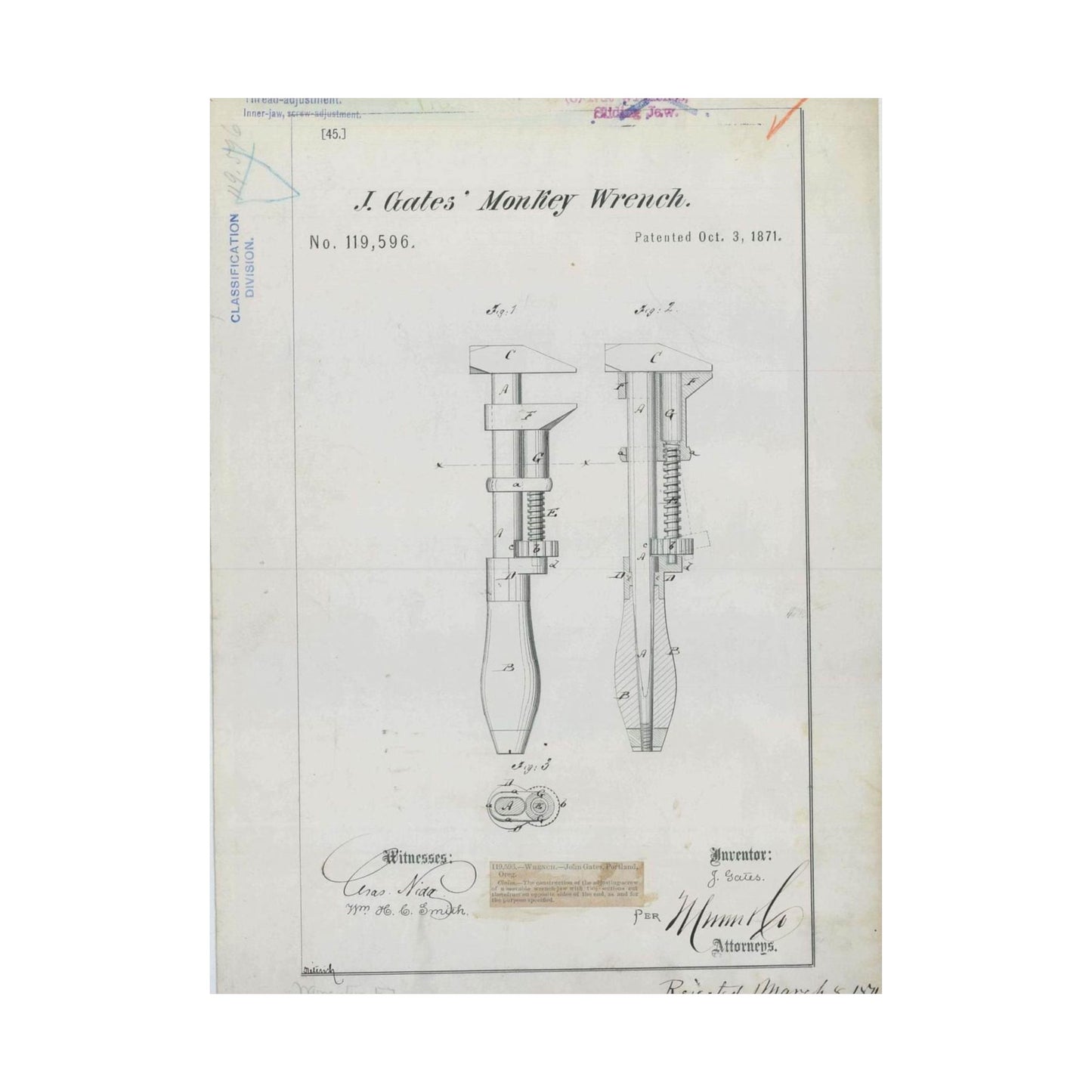 Patent Drawing of Engine - for J. Gates' Monkey Wrench Public domain  image High Quality Matte Wall Art Poster for Home, Office, Classroom