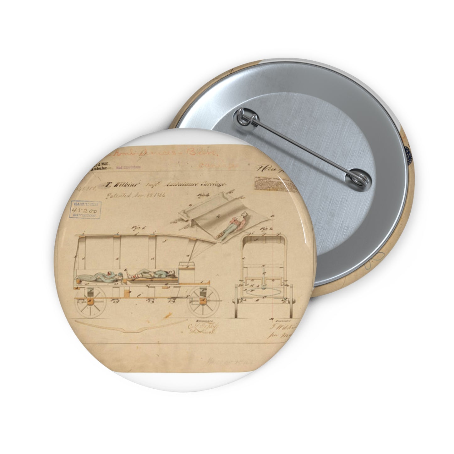 Patent drawing - Drawing of Improved Ambulance Carriage Public domain  image Pin Buttons with Crisp Design
