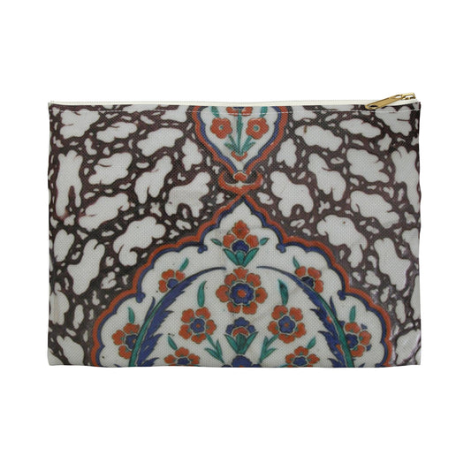 Tile with Floral Cartouche Design on Ebru (Marble Imitation Pattern) Background Large Organizer Pouch with Black Zipper