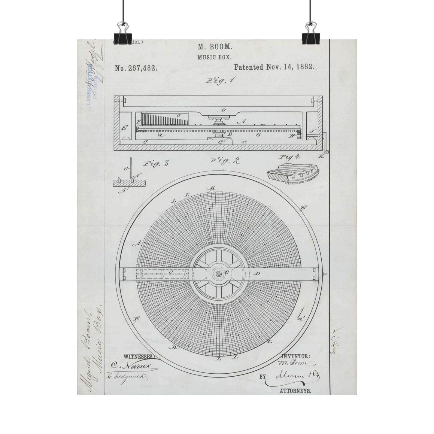 Patent Drawing of Engine - for M. Boom's Music Box Public domain  image High Quality Matte Wall Art Poster for Home, Office, Classroom