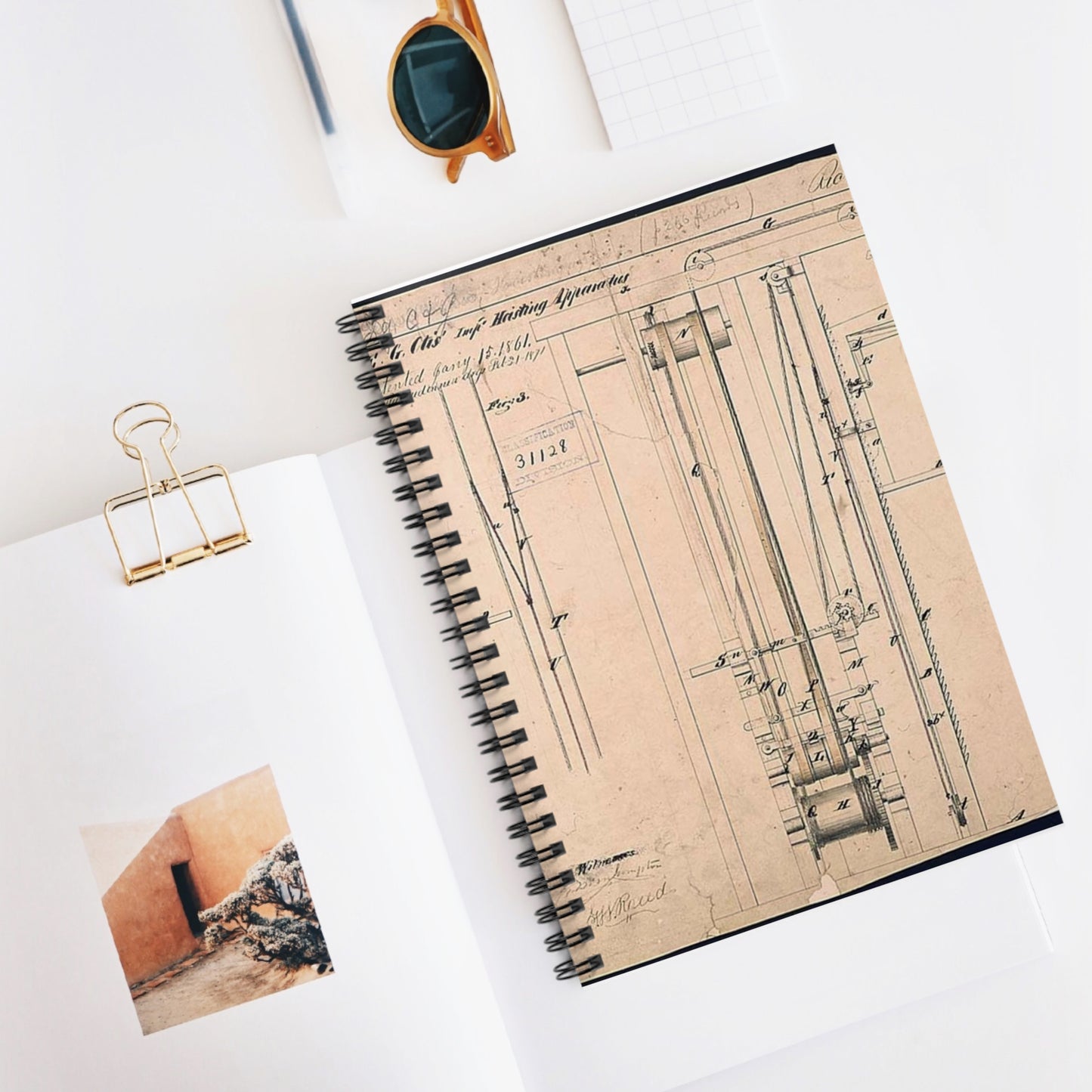 Patent drawing - Elisha Otis's Elevator Public domain  image Spiral Bound Ruled Notebook with Printed Cover