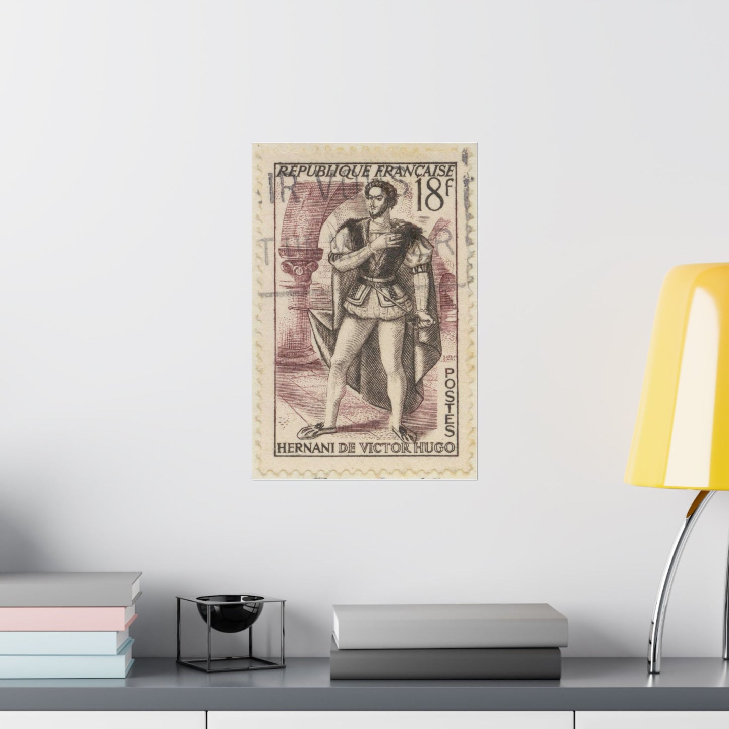 Frimärke ur Gösta Bodmans filatelistiska motivsamling, påbörjad 1950.Frimärke från FRanskrike, 1953. Motiv av "Herani": skådespel av Victor Hugo. High Quality Matte Wall Art Poster for Home, Office, Classroom