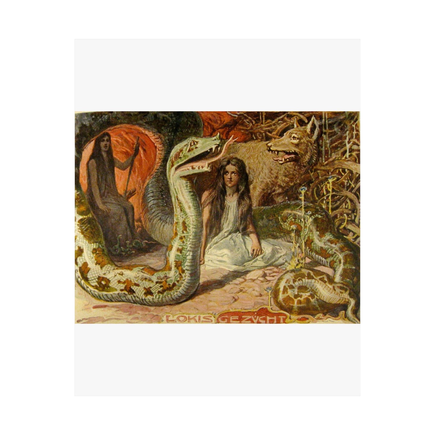 Lokis Gezücht - A painting of a woman sitting in front of a snake High Quality Matte Wall Art Poster for Home, Office, Classroom