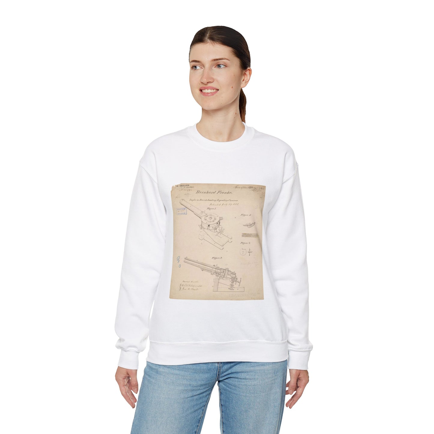 Patent drawing - Drawing of Improvements in Breech-Loading Repeating Cannon Public domain  image White Heavy Blend Adult Crew Neck SweatShirt