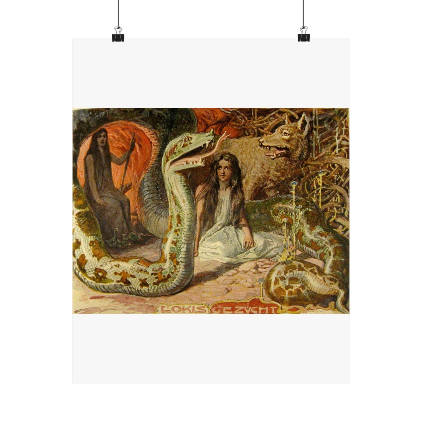 Lokis Gezücht - A painting of a woman sitting in front of a snake High Quality Matte Wall Art Poster for Home, Office, Classroom