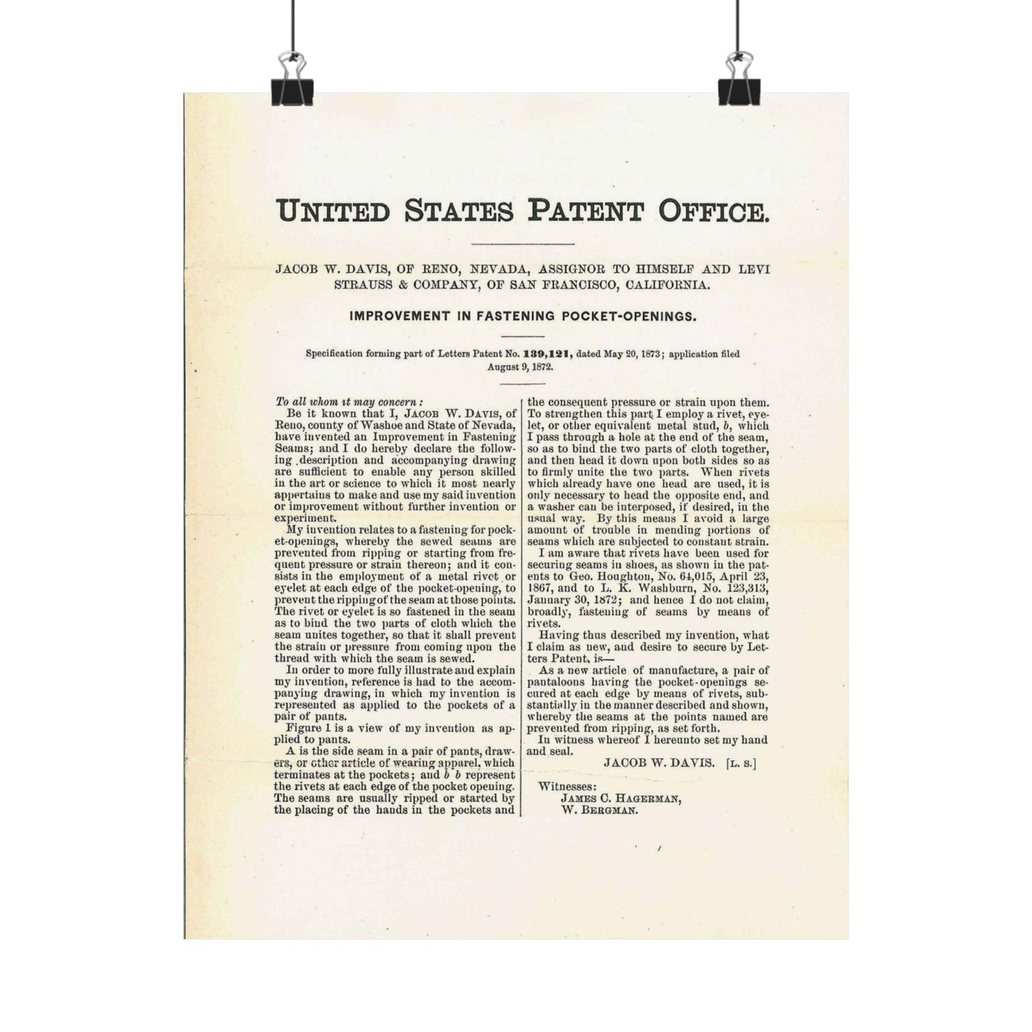 Patent Case File No. 139,121, Improvement in Fastening Pocket Openings, Inventor- Jacob W. Davis - DPLA - afb017b06366ded5b3d9735cb413b735 (page 29) High Quality Matte Wall Art Poster for Home, Office, Classroom