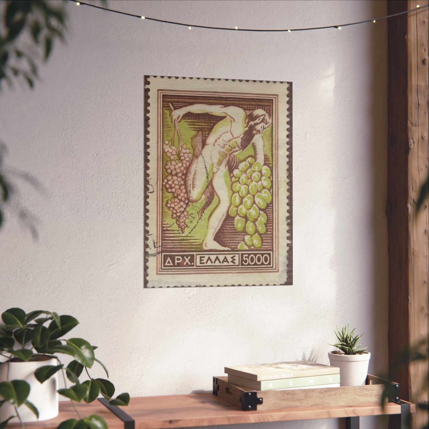 Frimärke ur Gösta Bodmans filatelistiska motivsamling, påbörjad 1950.Frimärke från Grekland, 1953. Motiv av Bacchus med vindruvsklasar. High Quality Matte Wall Art Poster for Home, Office, Classroom