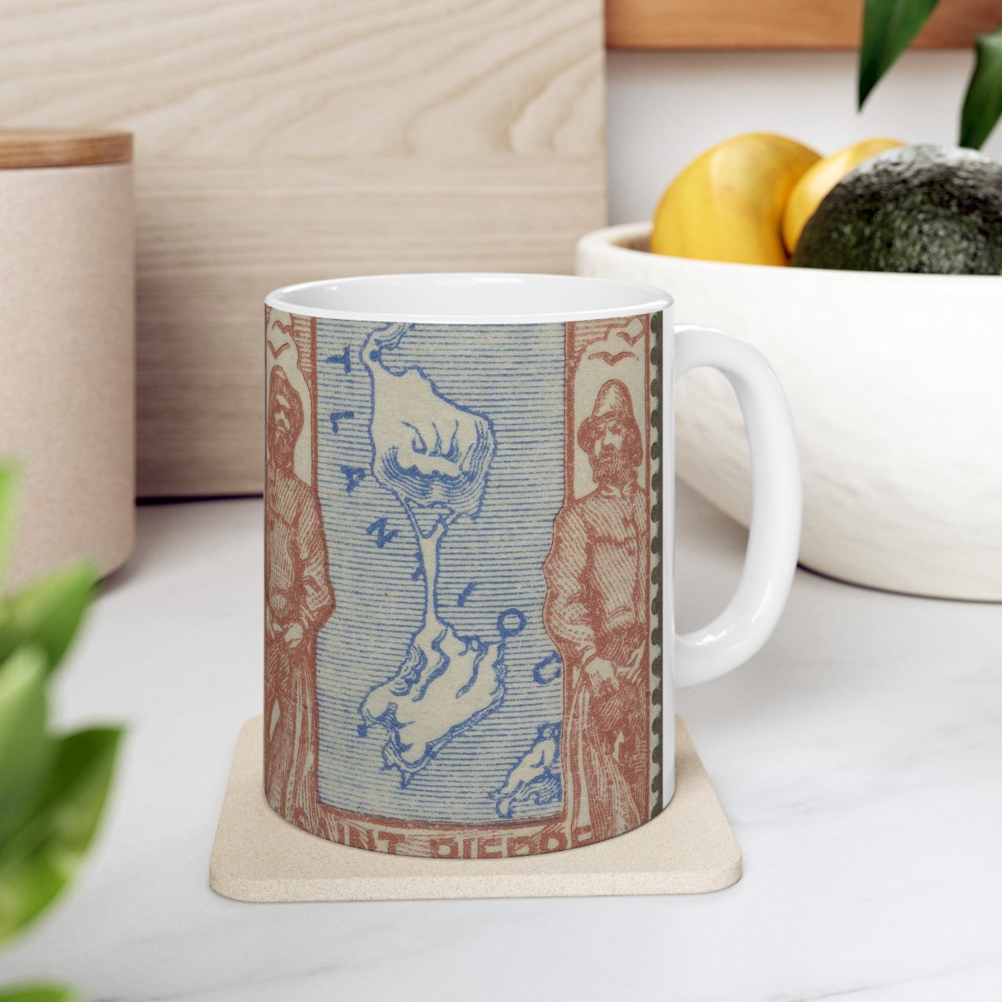 Frimärke ur Gösta Bodmans filatelistiska motivsamling, påbörjad 1950.Frimärke från Saint Pierre et Miquelon 1932. Motiv av karta över Saint Pierre et Miquelon. Fiskare med nät. Beautiful Novelty Ceramic Coffee Mug 11oz