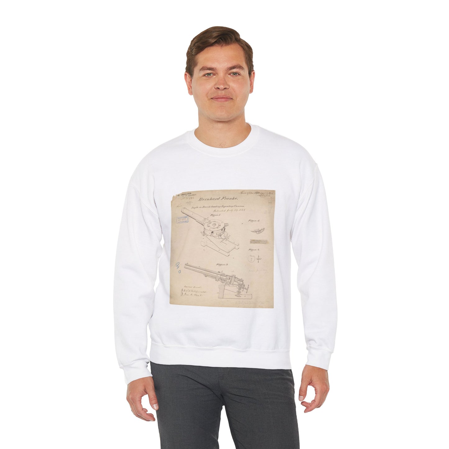 Patent drawing - Drawing of Improvements in Breech-Loading Repeating Cannon Public domain  image White Heavy Blend Adult Crew Neck SweatShirt