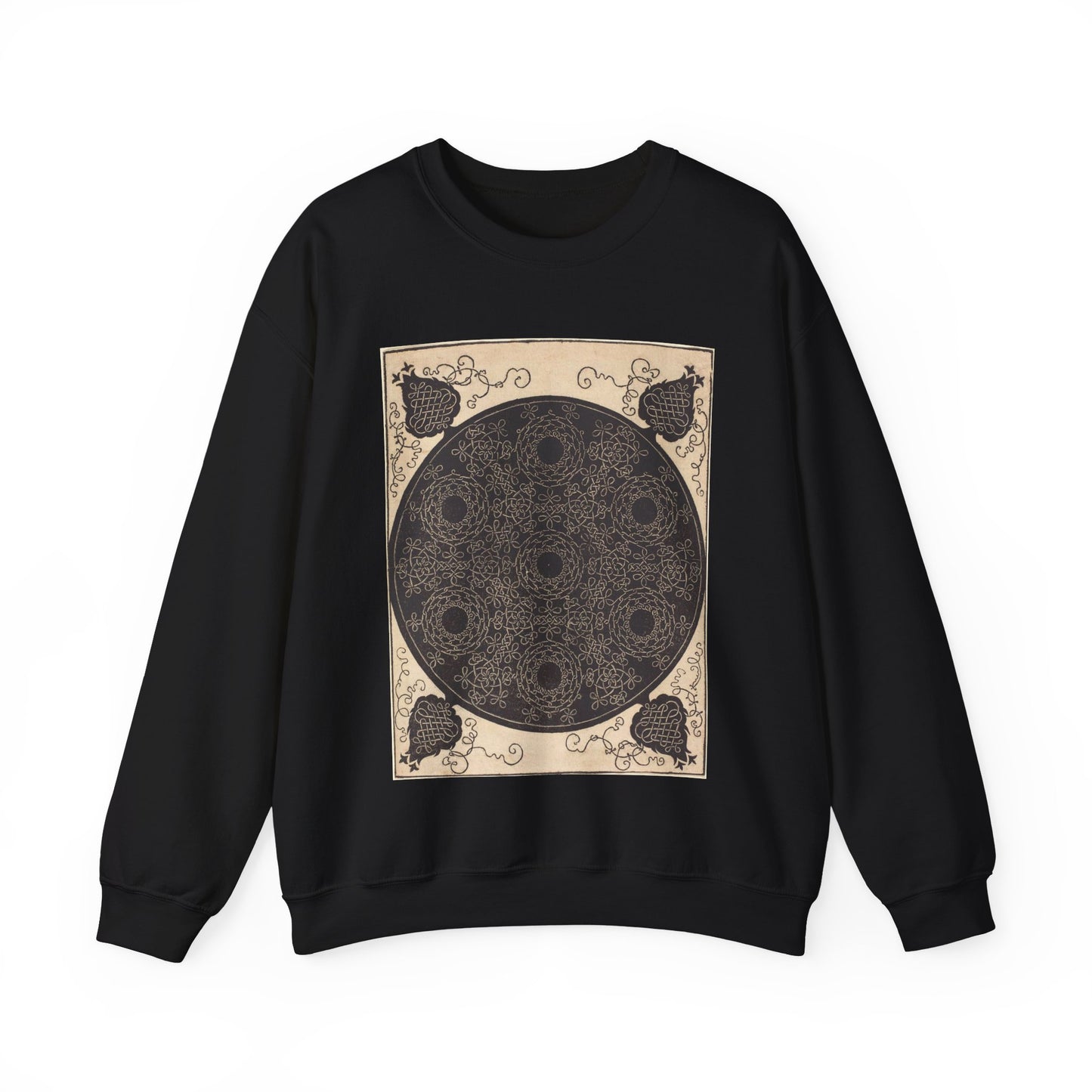 The Fourth Knot (combining seven circular groups of knots with black centers) Black Heavy Blend Adult Crew Neck SweatShirt