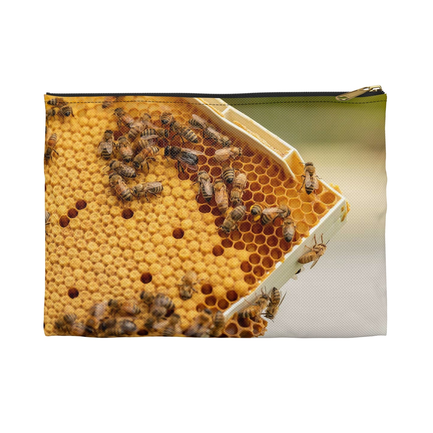 Honey bees transfer pollen to a honeycomb cell. Bee Large Organizer Pouch with Black Zipper