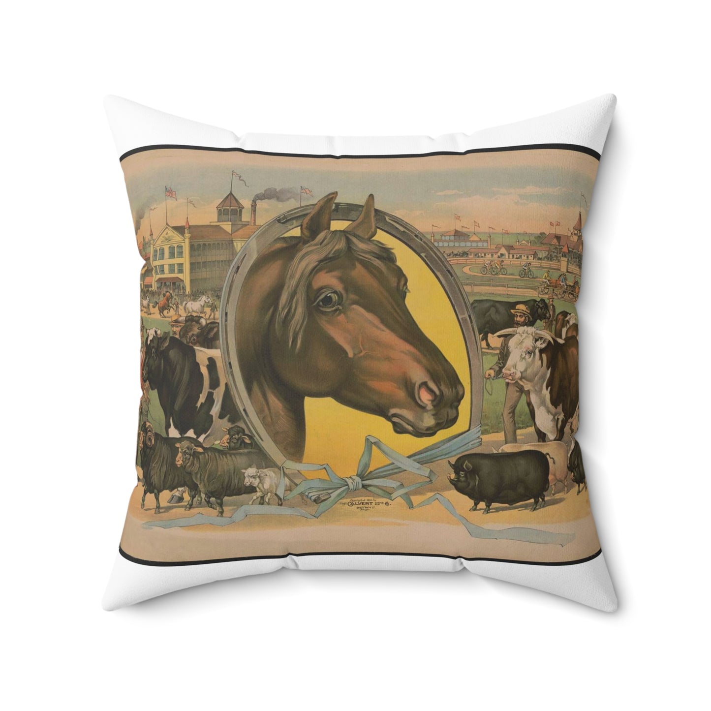 Horse framed by a horseshoe with fair buildings and a racetrack in the background Decorative Accent Square Pillow