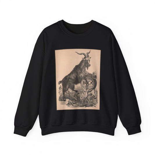 Giant bock goat resting on a keg, holding a mug of beer, men under the goat scrambling Black Heavy Blend Adult Crew Neck SweatShirt