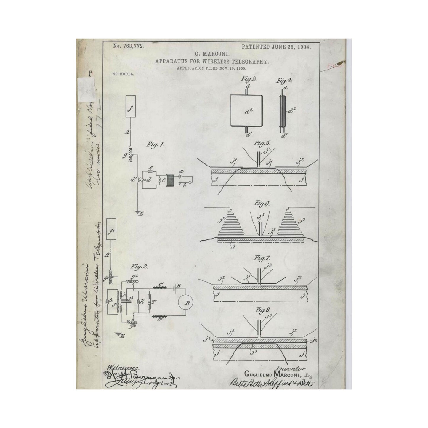 Patent drawing - for G. Marconi's Apparatus for Wireless Telegraphy Public domain  image High Quality Matte Wall Art Poster for Home, Office, Classroom