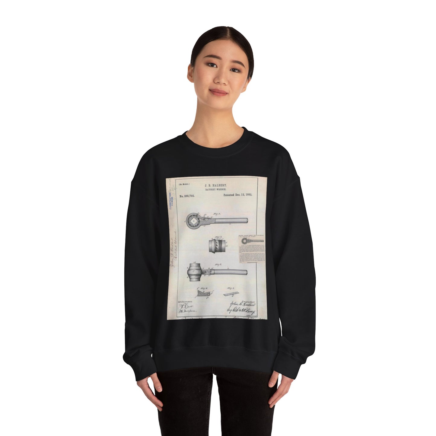 Patent Drawing of Engine - for J. B. Halbert's Ratchet Wrench Public domain  image Black Heavy Blend Adult Crew Neck SweatShirt