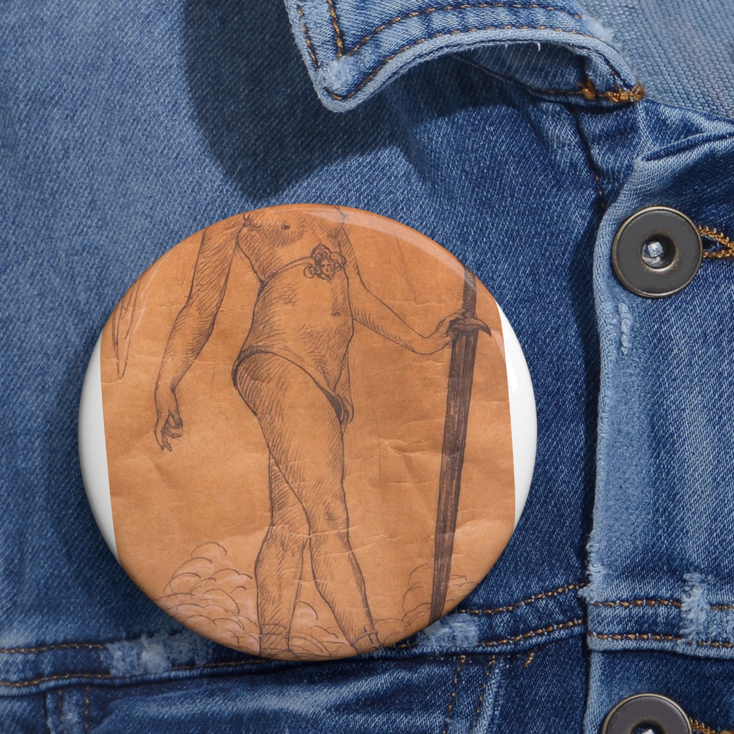 A drawing of an angel holding a sword. Woman breasts sword, beauty fashion. Pin Buttons with Crisp Design