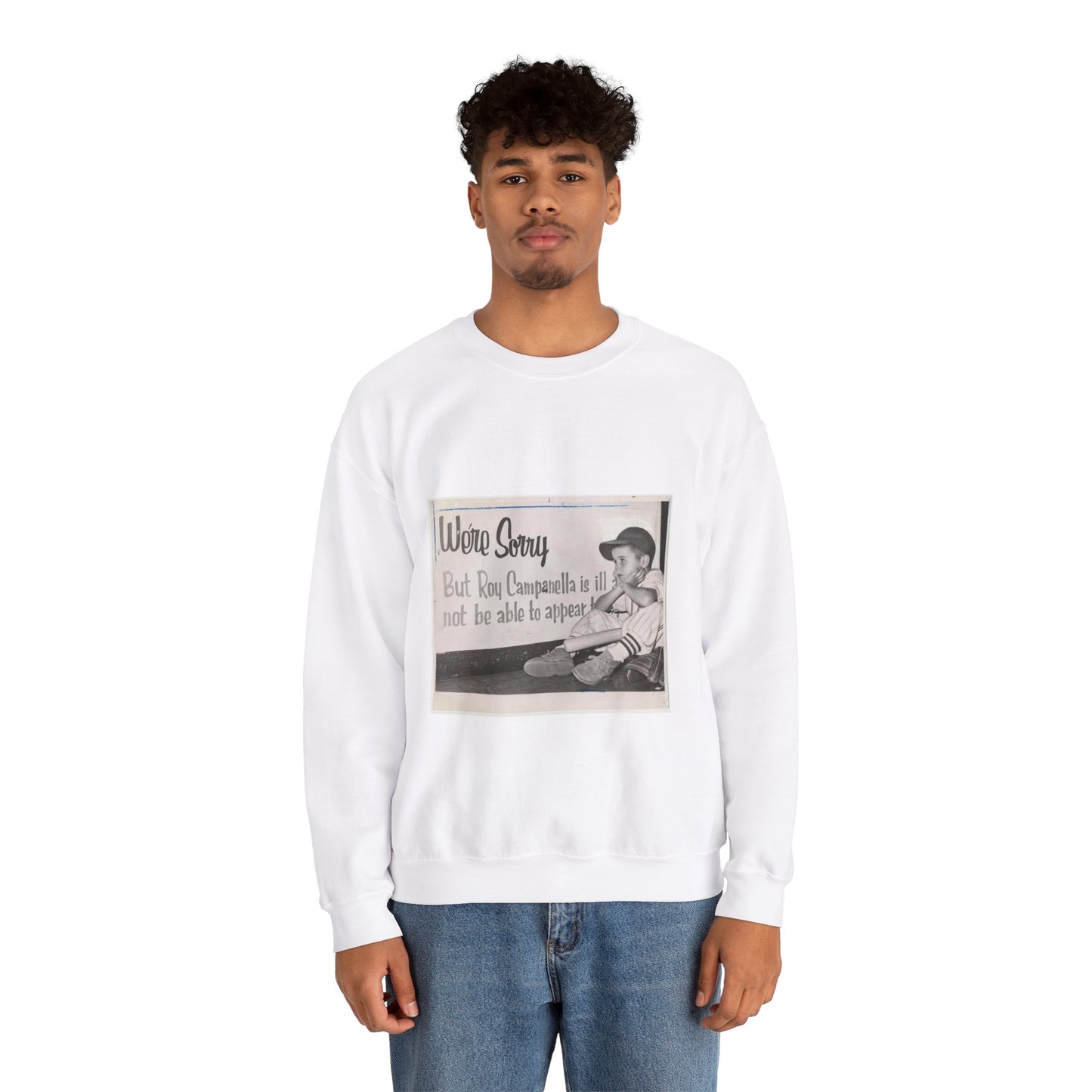 "We're sorry, but Roy Campanella is ill a[nd ...] not be able to appear [...] / World Telegram & Sun photo by Roger Higgins. White Heavy Blend Adult Crew Neck SweatShirt