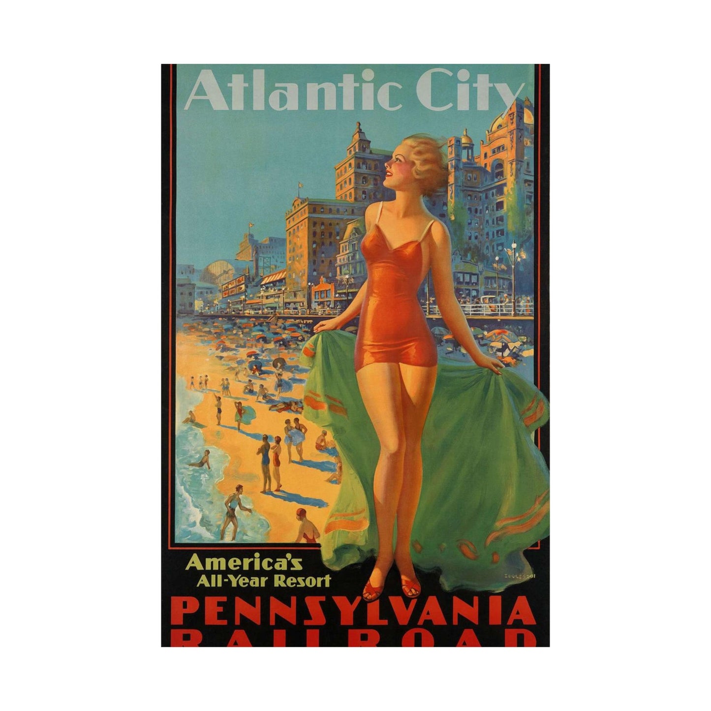 Atlantic City— America’s All-Year Resort, Pennsylvania Railroad, painting by Edward Mason Eggleston High Quality Matte Wall Art Poster for Home, Office, Classroom