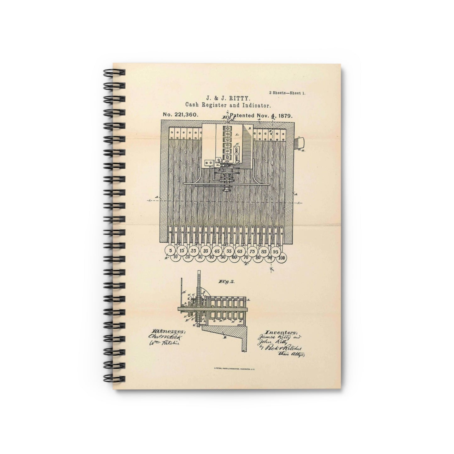 Patent Case File No. 221,360, Improvement in Cash Register and Indicator, Inventors James Ritty and John Ritty - DPLA - 97a8d8a47b402db2ecfd9cac6a3dd8e6 (page 50) Spiral Bound Ruled Notebook with Printed Cover