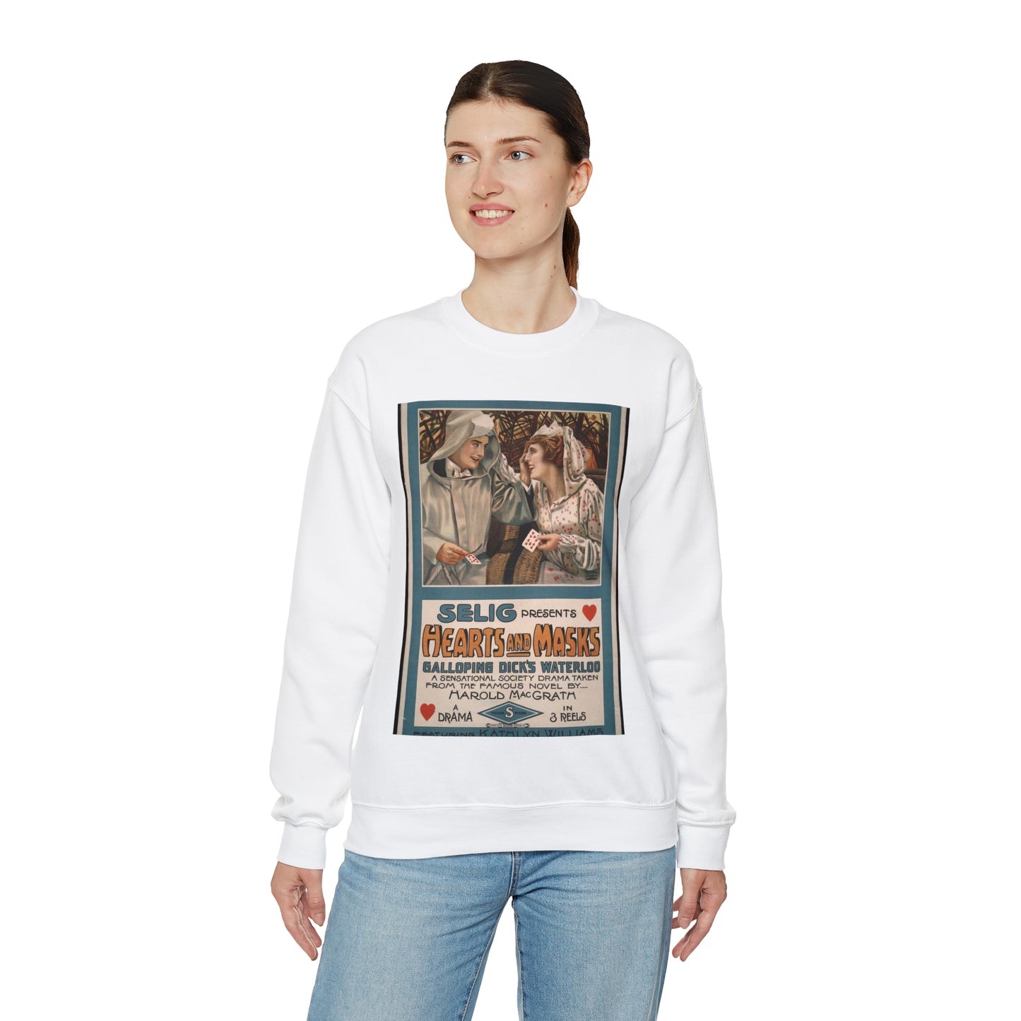 Selig presents hearts and masks Galloping Dick's waterloo, a sensational society drama taken from the famous novel by Harold MacGrath. White Heavy Blend Adult Crew Neck SweatShirt