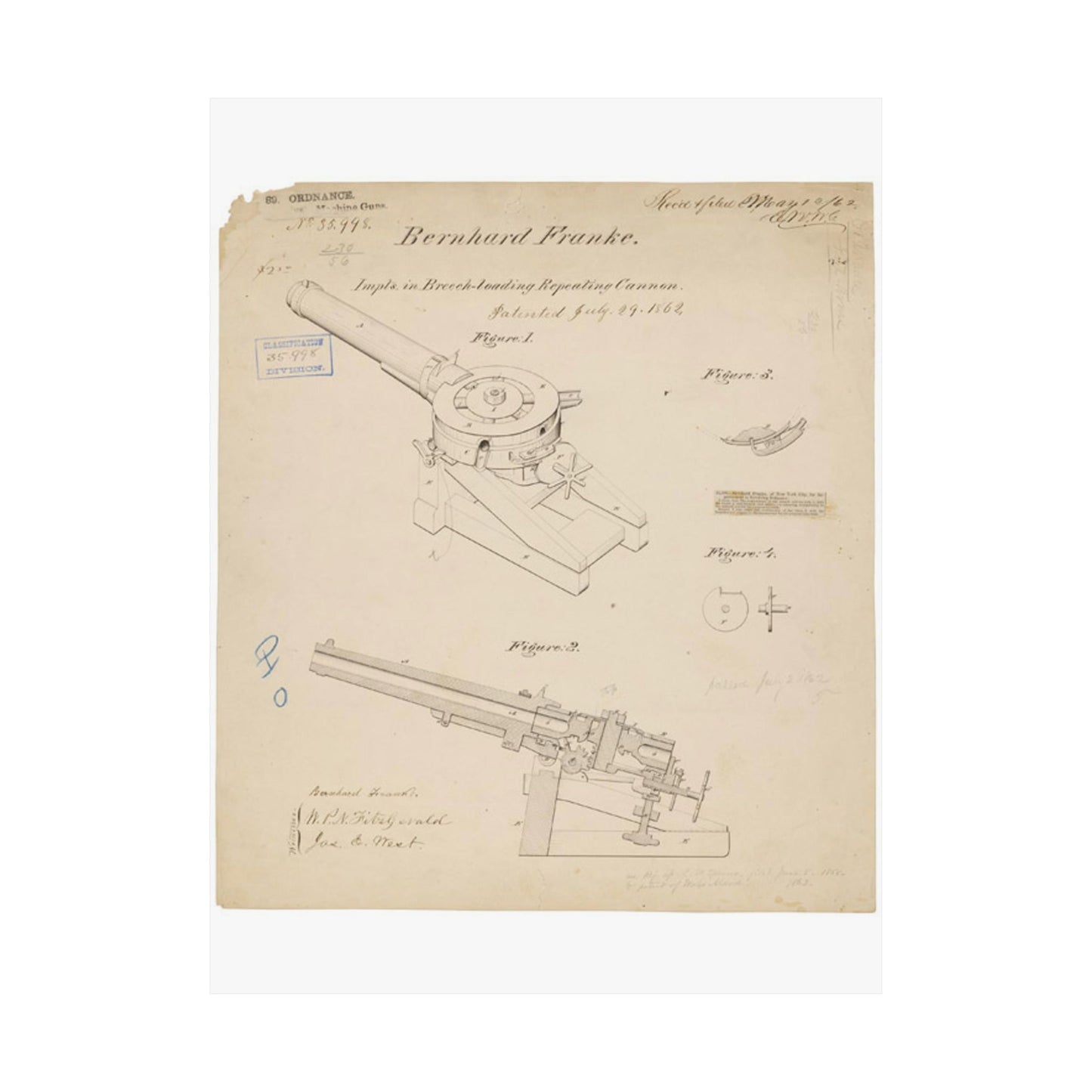 Patent drawing - Drawing of Improvements in Breech-Loading Repeating Cannon Public domain  image High Quality Matte Wall Art Poster for Home, Office, Classroom