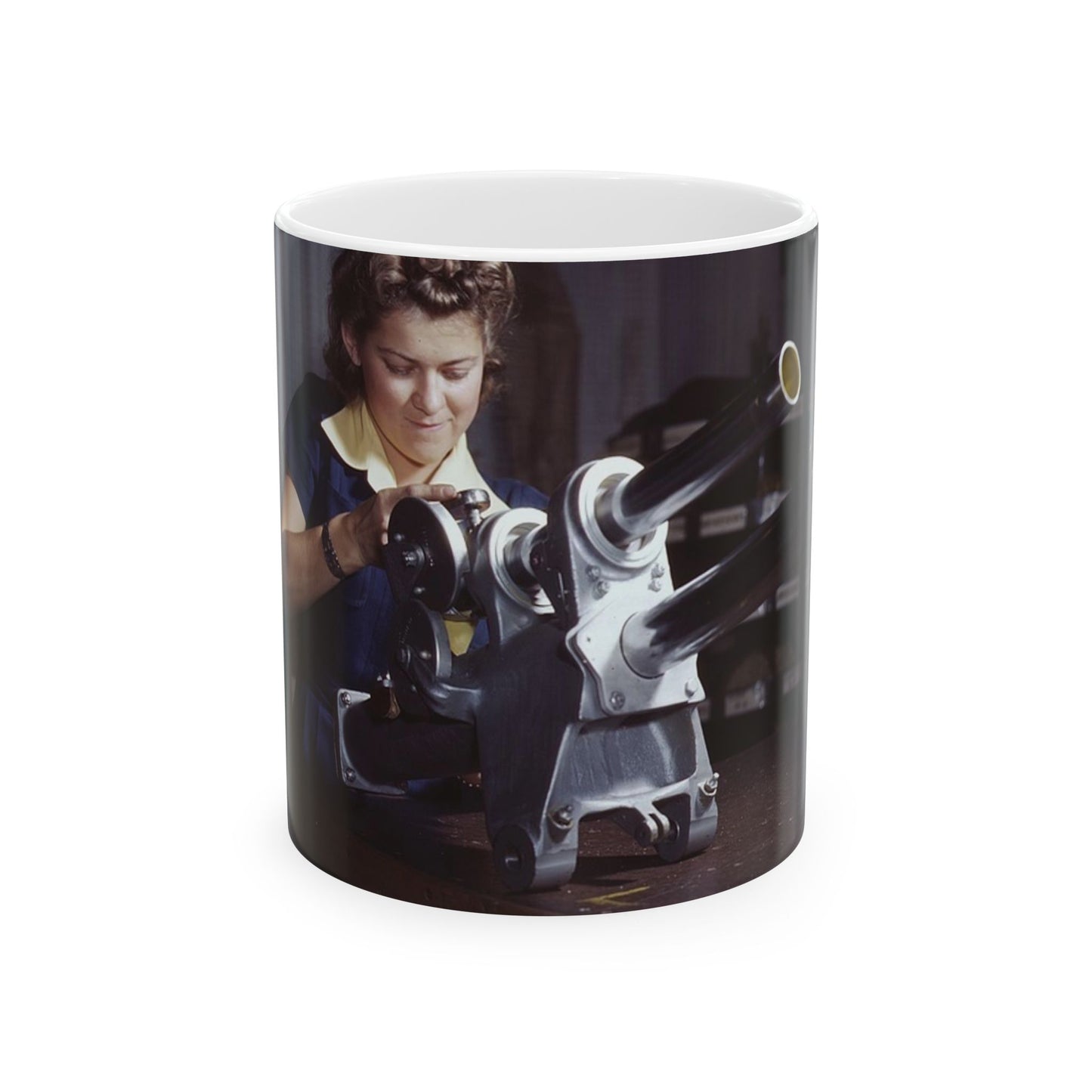 A young woman employee of North American Aviation, Incorporated, working over the landing gear mechanism of a P-51 fighter plane, Inglewood, Calif. The mechanism resembles a small cannon Beautiful Novelty Ceramic Coffee Mug 11oz