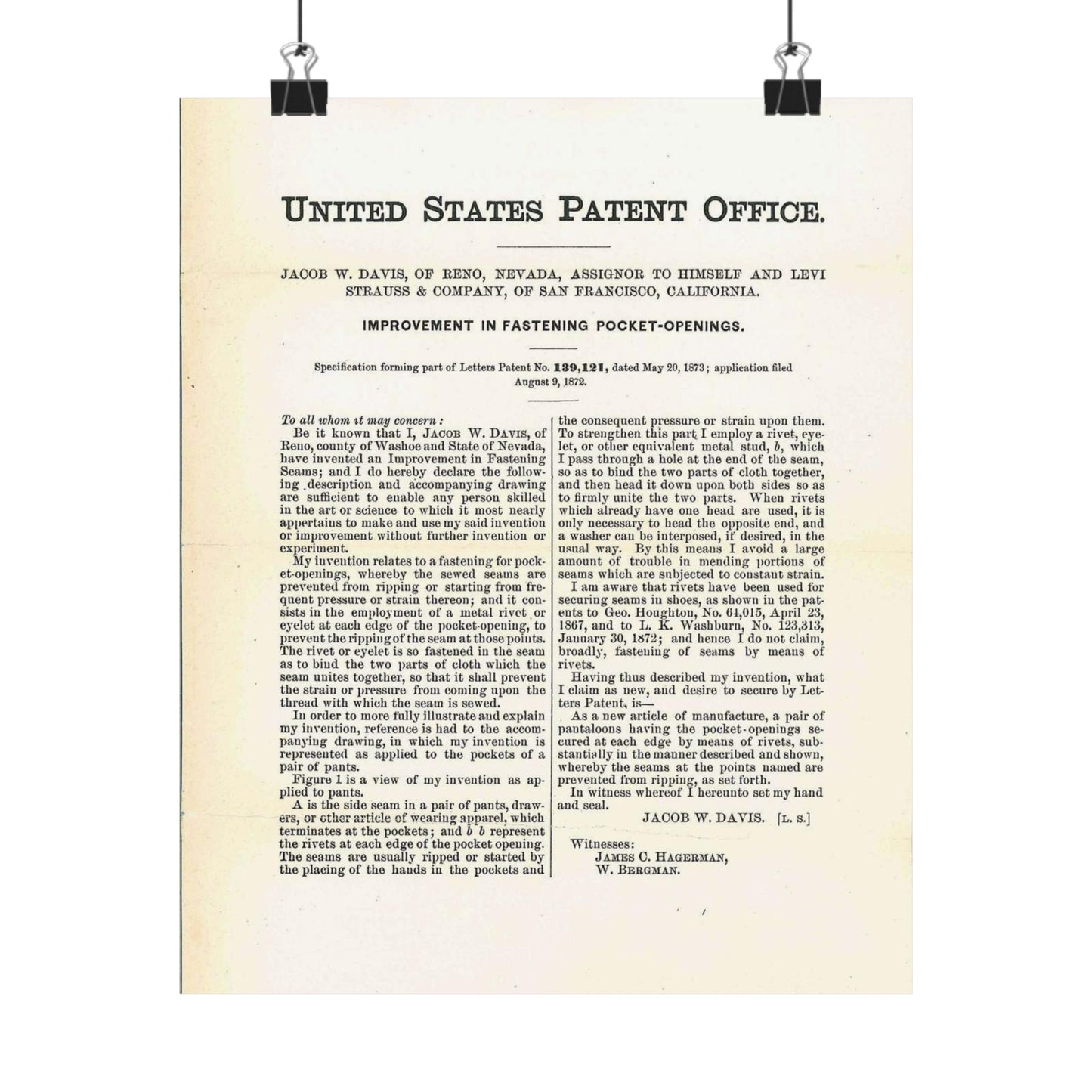 Patent Case File No. 139,121, Improvement in Fastening Pocket Openings, Inventor- Jacob W. Davis - DPLA - afb017b06366ded5b3d9735cb413b735 (page 29) High Quality Matte Wall Art Poster for Home, Office, Classroom