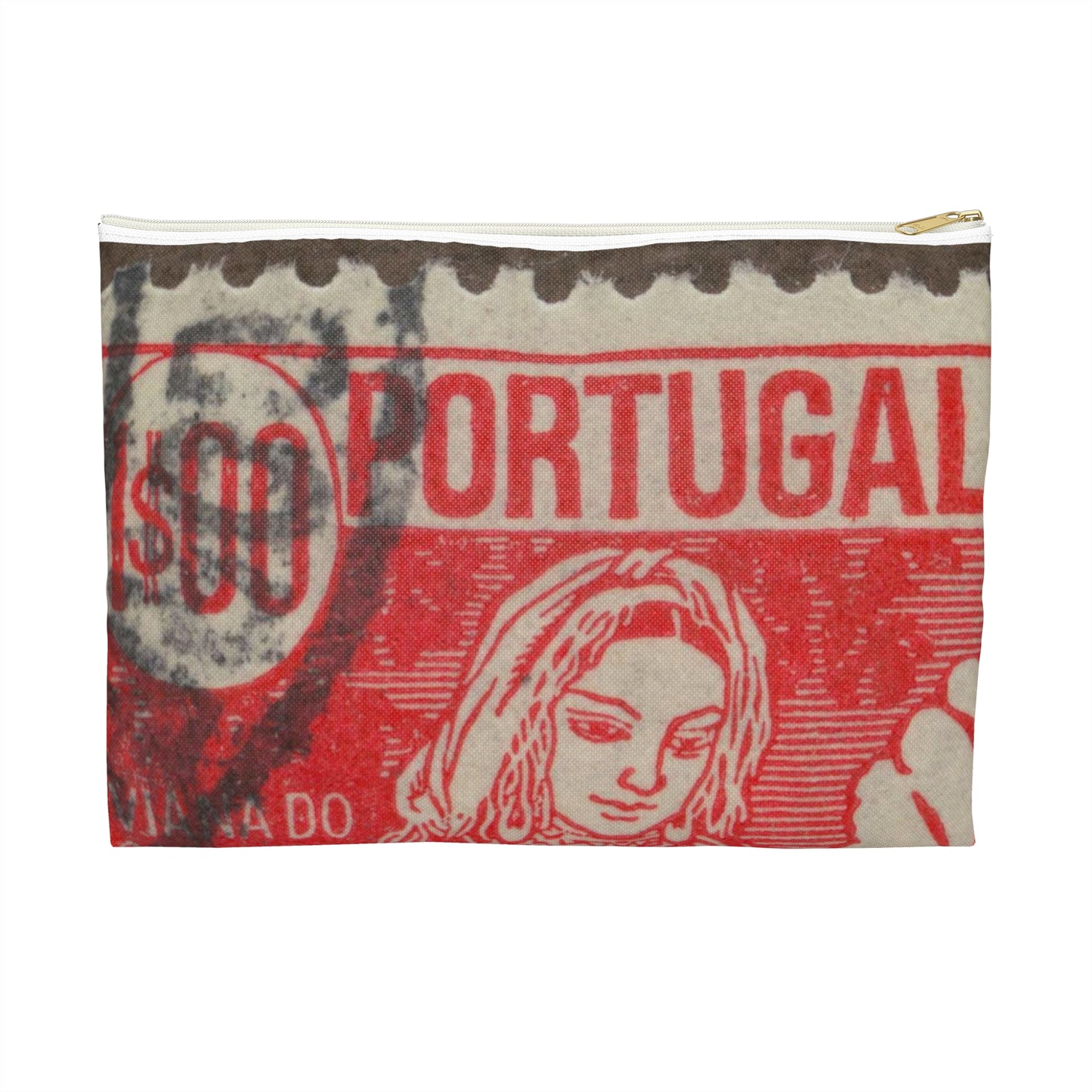 Frimärke ur Gösta Bodmans filatelistiska motivsamling, påbörjad 1950.Frimärke frånPortugal, 1941. Motiv av garnspinnande med slända. "Kvinna från Viana do Castelo". Large Organizer Pouch with Black Zipper