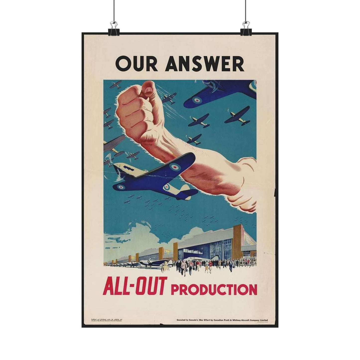 Our Answer All-Out Production, Canada, WWII Propaganda Poster High Quality Matte Wall Art Poster for Home, Office, Classroom