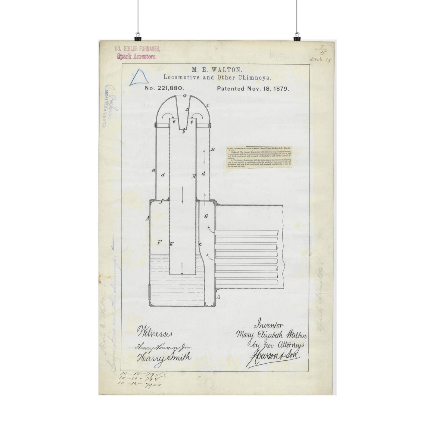 Patent Drawing of Engine - for M. E. Walton's Locomotive and Other Chimneys Public domain  image High Quality Matte Wall Art Poster for Home, Office, Classroom