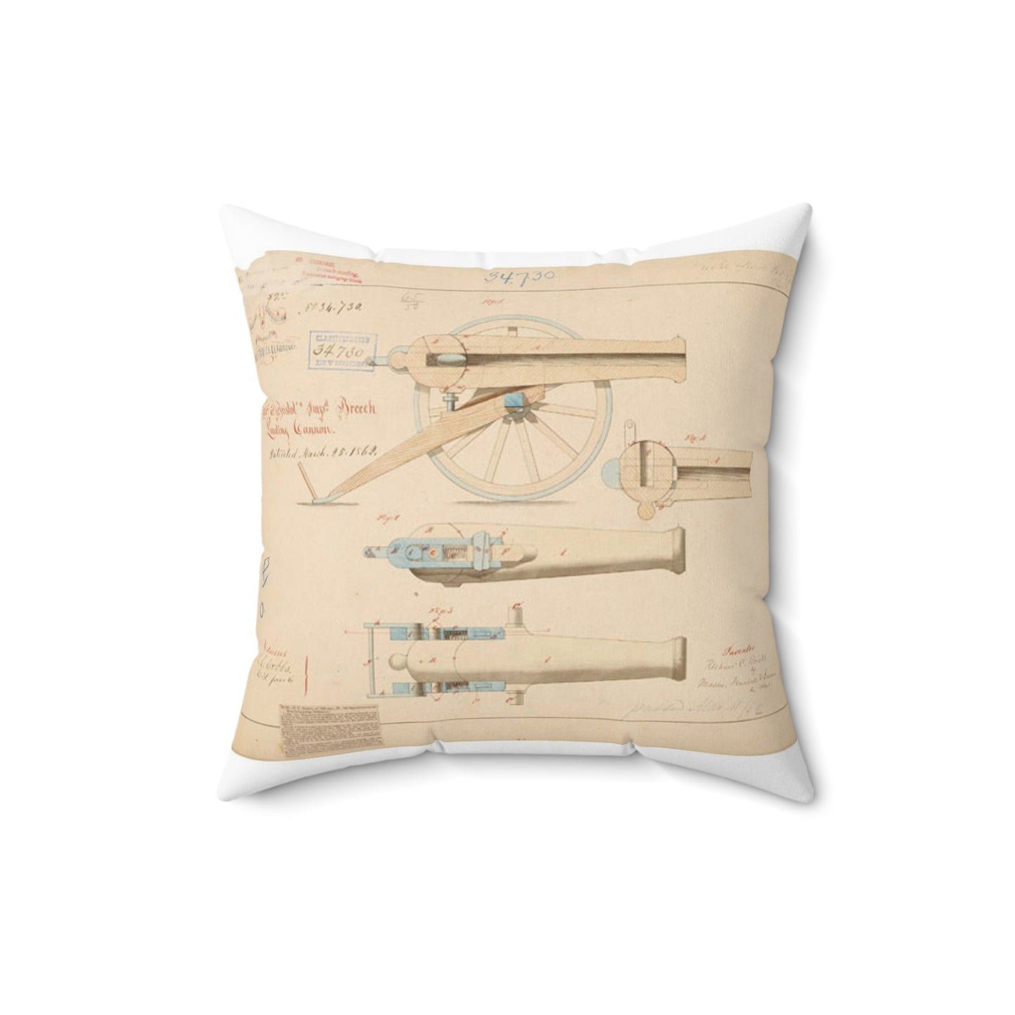 Patent drawing - Drawing of Improved Breech Loading Cannon Public domain  image Decorative Accent Square Pillow