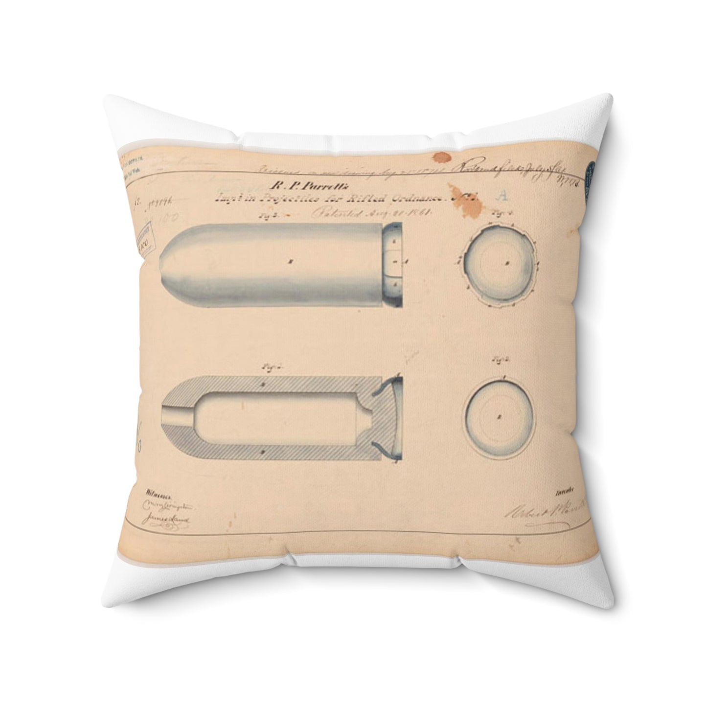 Patent drawing - Drawing of Improvement in Projectiles for Rifled Ordnance Public domain  image Decorative Accent Square Pillow