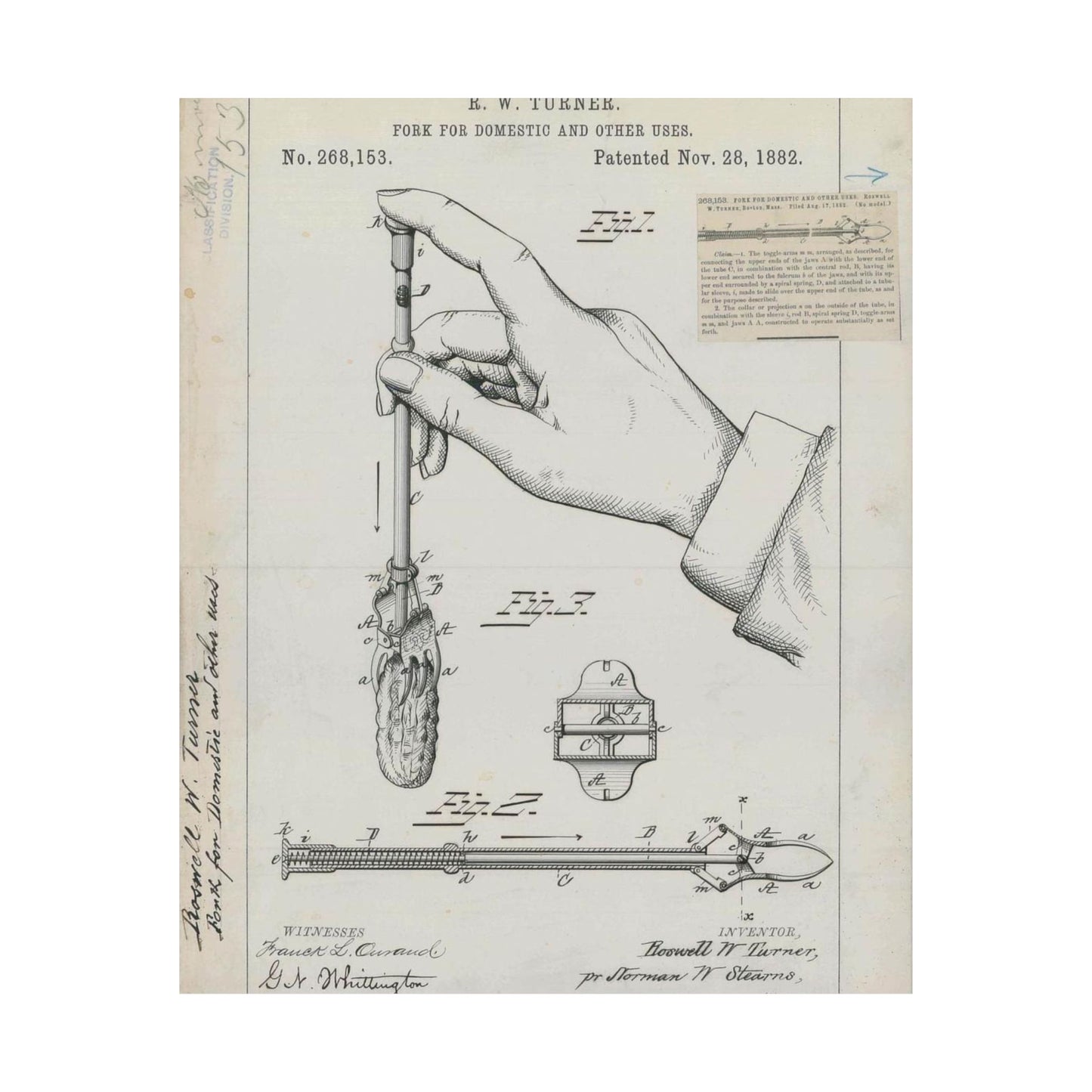 Patent drawing - for R. W. Turner's Fork for Domestic and Other Uses Public domain  image High Quality Matte Wall Art Poster for Home, Office, Classroom