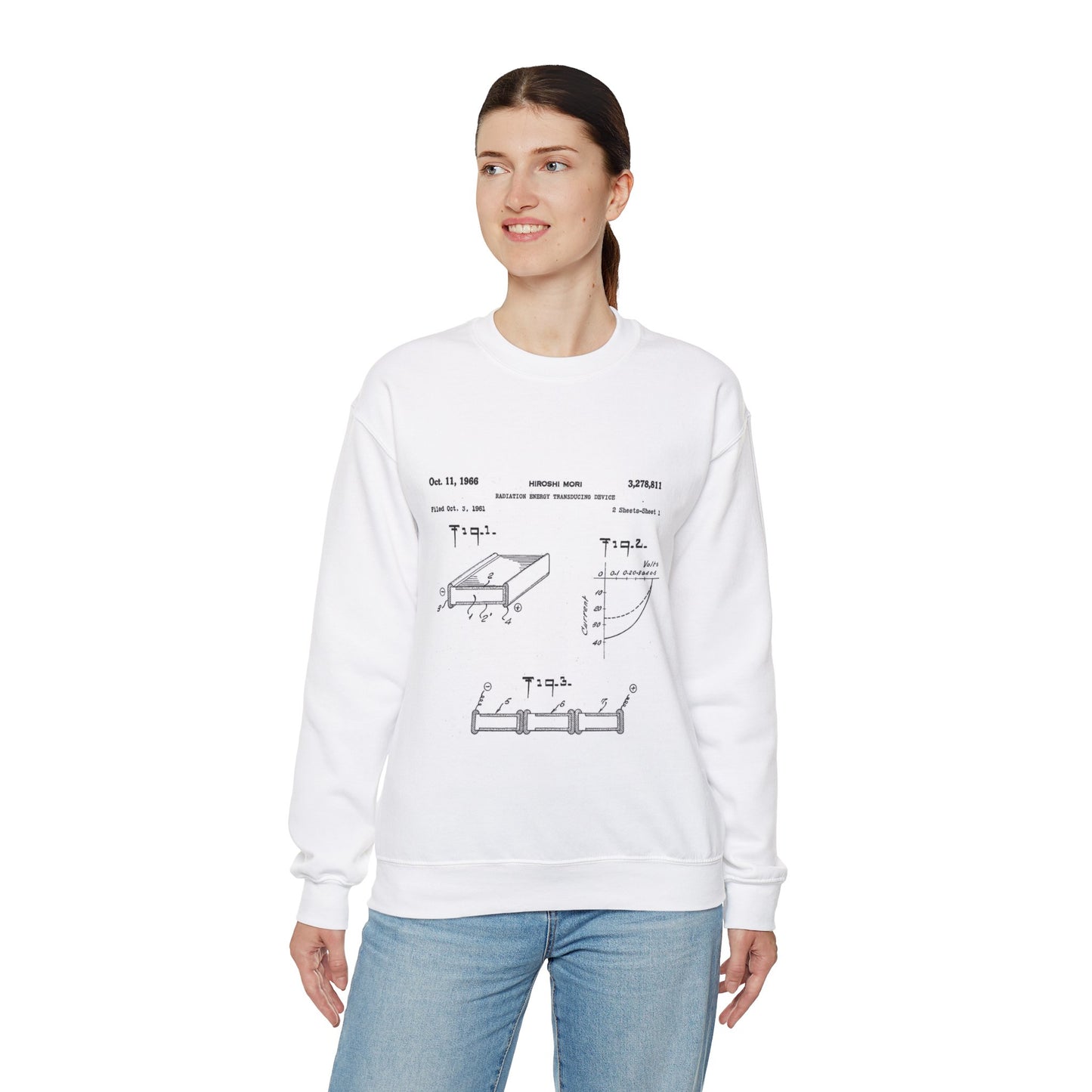 Patent drawing - Hiroshi Mori's first patented bifacial solar cell (1961) Public domain  image White Heavy Blend Adult Crew Neck SweatShirt