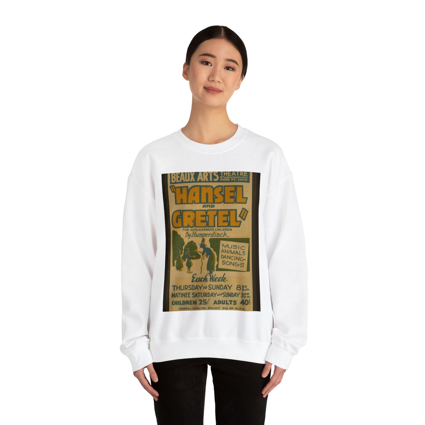 "Hansel and Gretel," the gingerbread children by Humperdinck Music, animals, dancing, songs. White Heavy Blend Adult Crew Neck SweatShirt