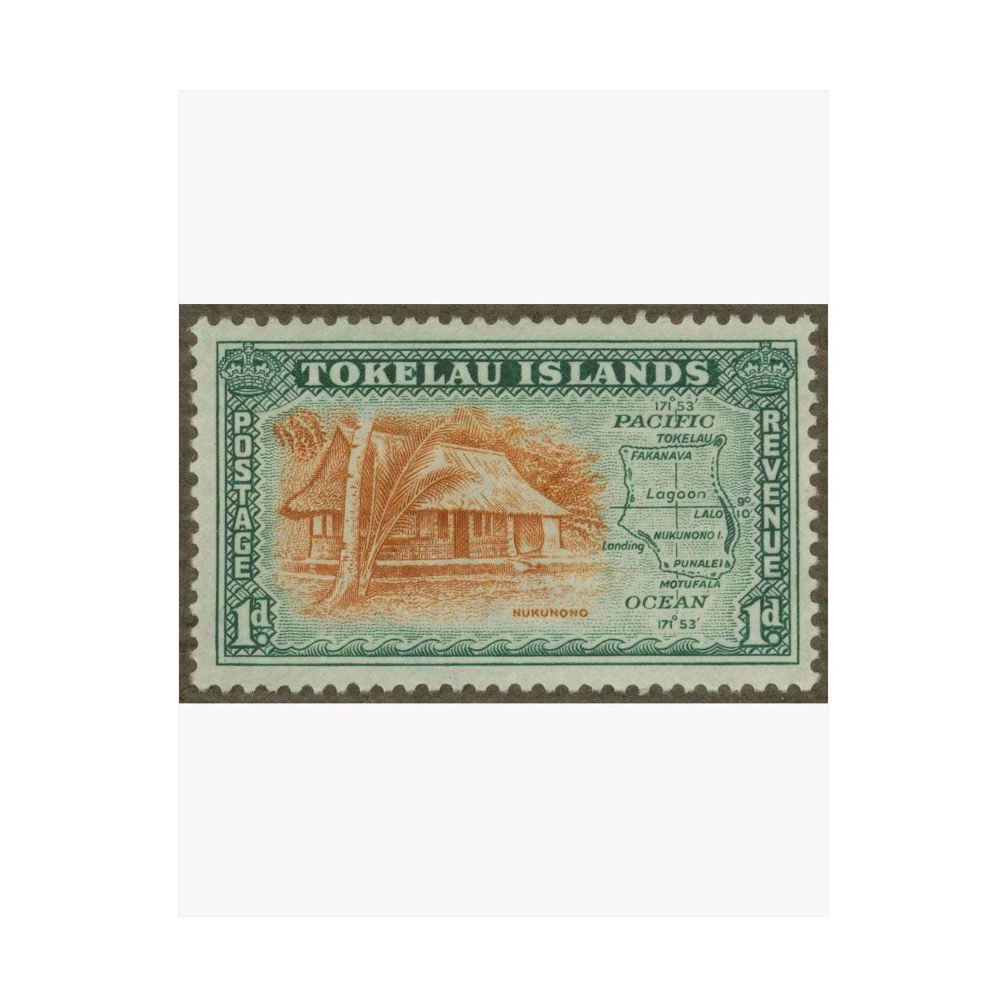 Frimärke ur Gösta Bodmans filatelistiska motivsamling, påbörjad 1950.Frimärke från  Tokelau-öarna, 1948. Motiv av hydda från ön Nokonono samt karta över Tokelau-öarna. High Quality Matte Wall Art Poster for Home, Office, Classroom